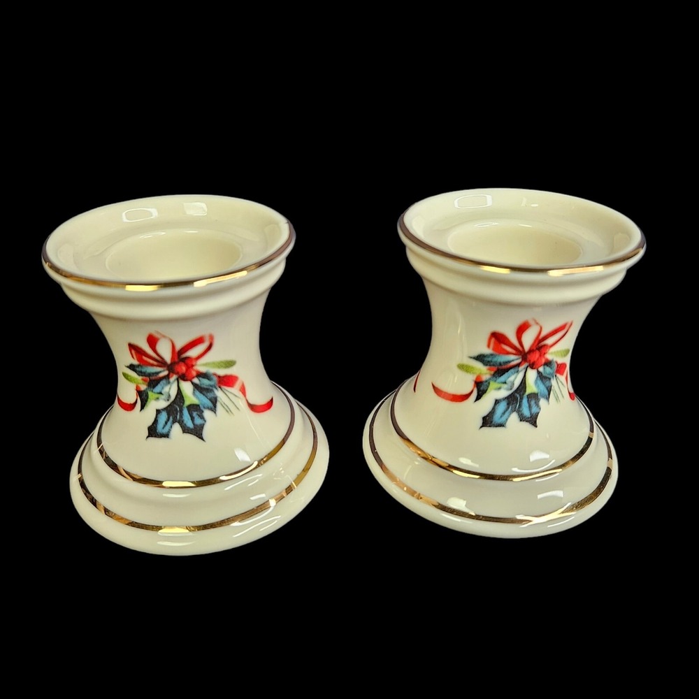 Lenox Winter Greetings Candlesticks Candle Taper Holders Holly Ribbon Xmas Pair